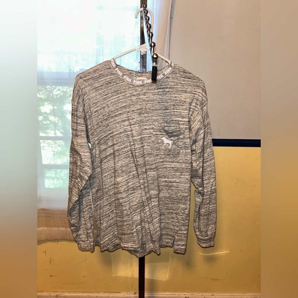 Victorias Secret Pink Small Marbled Gray White Logo Long Sleeve Tee Shirt
